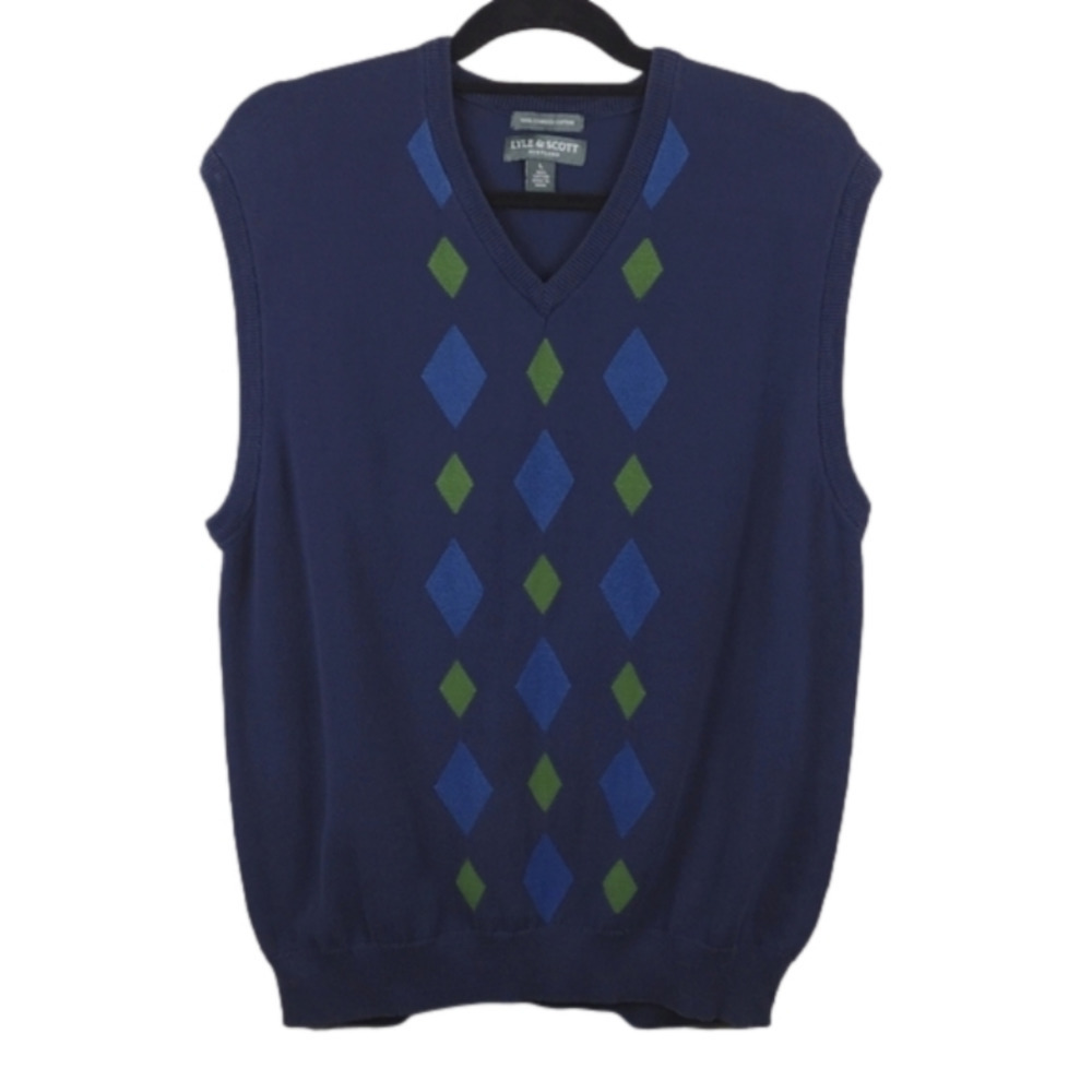Lyle & Scott Scotland Dark Blue Argyle V-Neck Lightweight Pullover Sweater Vest